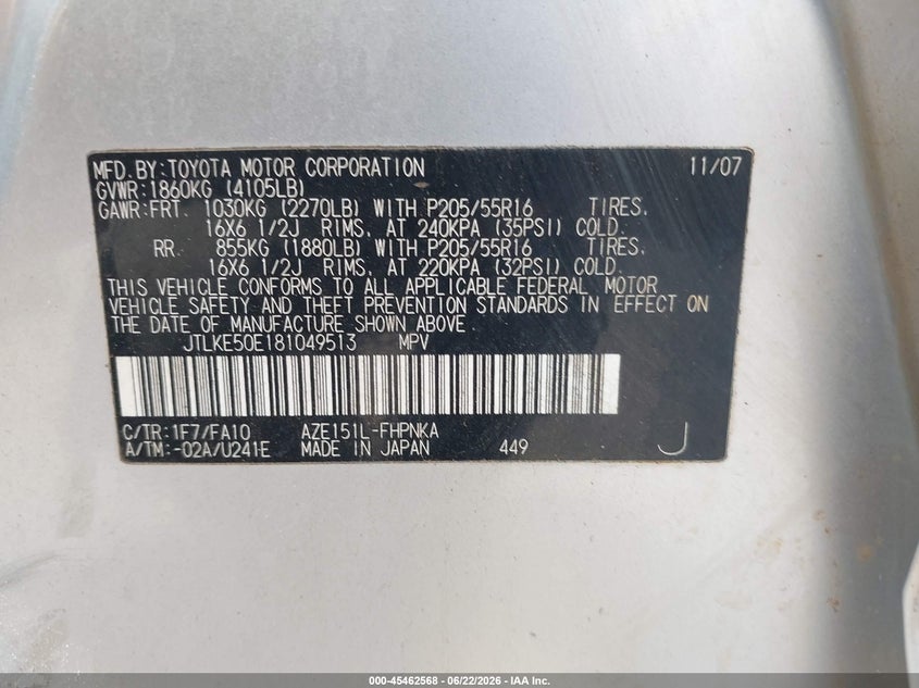 2008 Scion Xb VIN JTLKE50E181049513 IAAI salvage auction — NORMAL WEAR, Clear (Hawaii), sold $200 on 2026-07-28 (photo 9)