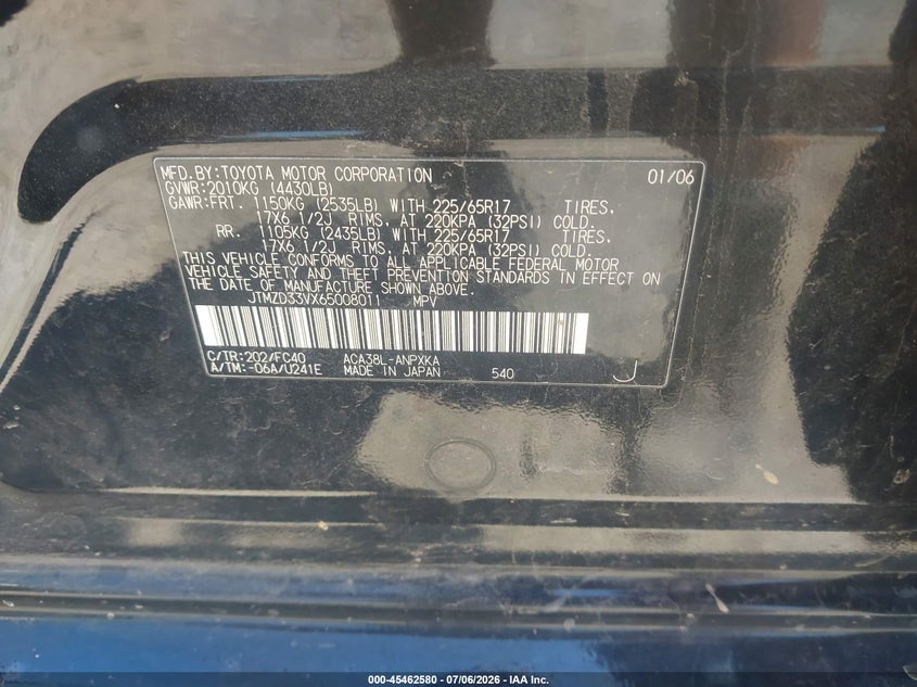 2006 Toyota Rav 4 VIN JTMZD33VX65008011 IAAI salvage auction — NORMAL WEAR, Clear (Michigan), sold $775 on 2026-07-30 (photo 9)