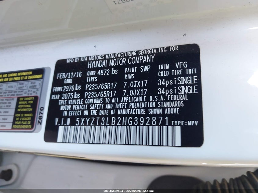 2017 Hyundai Santa fe VIN 5XYZT3LB2HG392871 IAAI salvage auction — FRONT END, Clear - Dealer Only (California), sold $2,600 on 2026-07-07 (photo 9)