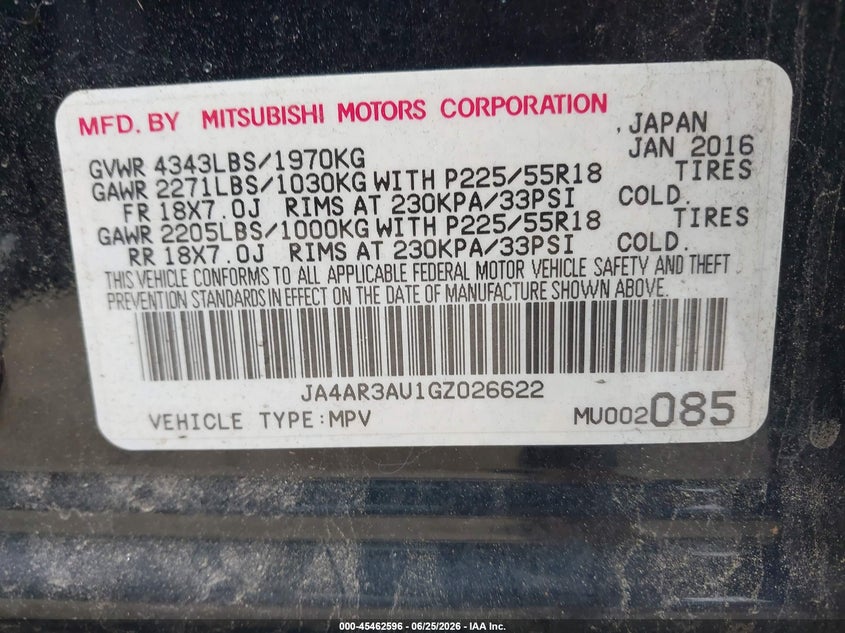 2016 Mitsubishi Outlander VIN JA4AR3AU1GZ026622 IAAI salvage auction — FRONT & REAR, Clear (Massachusetts), sold $1,050 on 2026-07-24 (photo 9)
