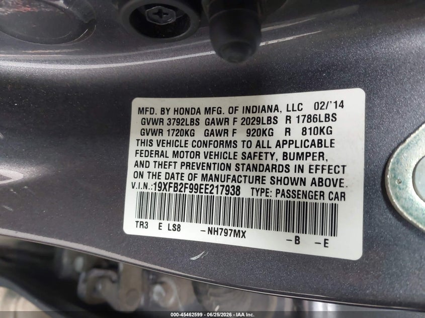 2014 Honda Civic VIN 19XFB2F99EE217938 IAAI salvage auction — LEFT FRONT, Salvage (California), sold $4,200 on 2026-07-09 (photo 9)