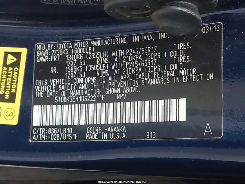 2013 Toyota Highlander VIN 5TDBK3EH1DS222116 IAAI salvage auction — REAR END, Bill Of Sale (Washington), sold $3,000 on 2026-07-22 (photo 9)