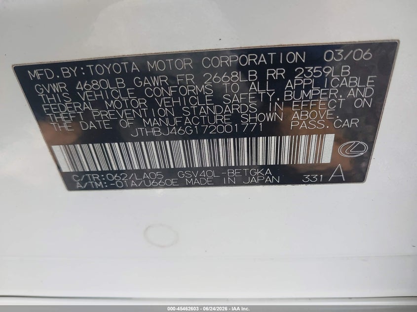 2007 Lexus Es 350 VIN JTHBJ46G172001771 IAAI salvage auction — FRONT END, Salvage (South Carolina), sold $600 on 2026-07-28 (photo 9)