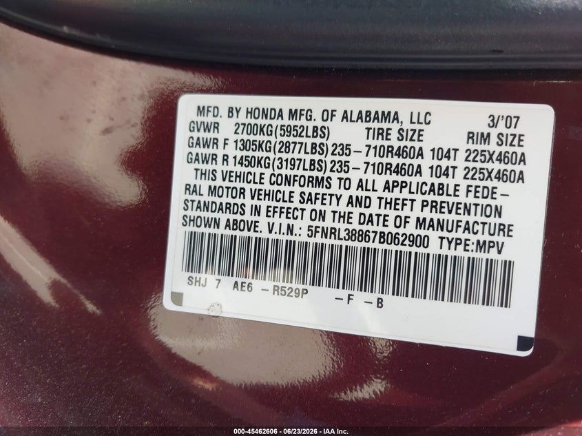 2007 Honda Odyssey VIN 5FNRL38867B062900 IAAI salvage auction — REAR END, Salvage (California), sold $1,200 on 2026-07-30 (photo 9)