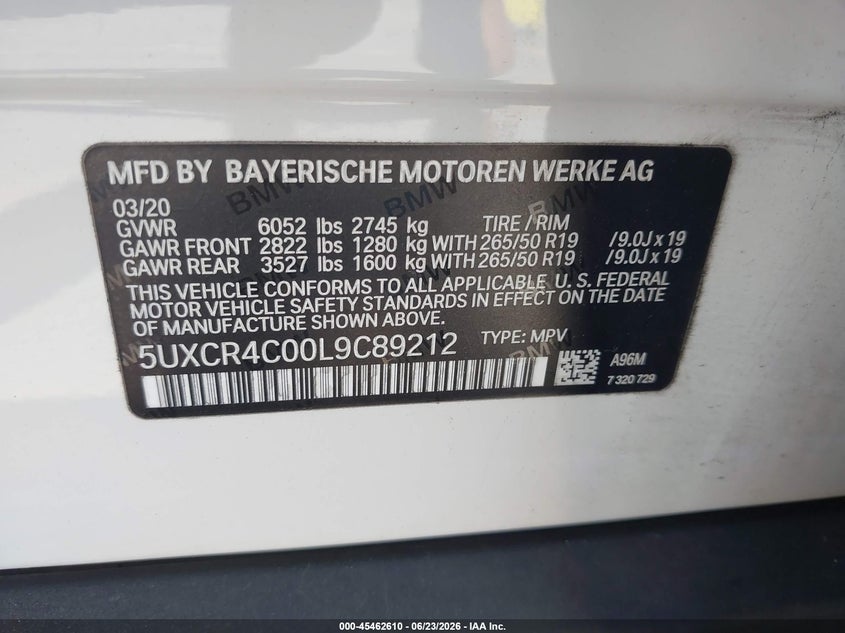 2020 BMW X5 VIN 5UXCR4C00L9C89212 IAAI salvage auction — RIGHT SIDE, Rebuildable (Florida), sold $20,300 on 2026-07-13 (photo 9)