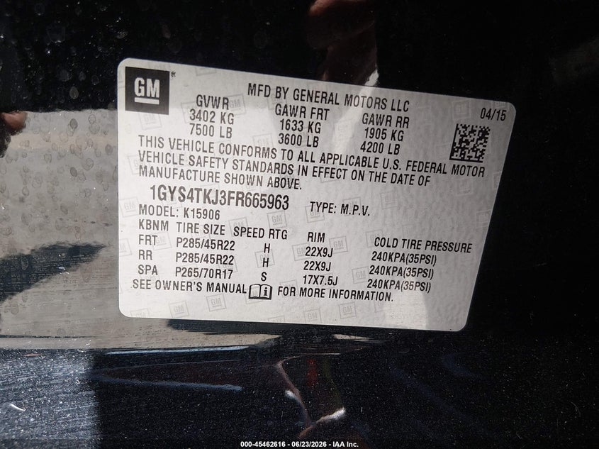2015 Cadillac VIN 1GYS4TKJ3FR665963 IAAI salvage auction — SIDE, Salvage Title, sold $4,650 on 2026-08-02 (photo 9)
