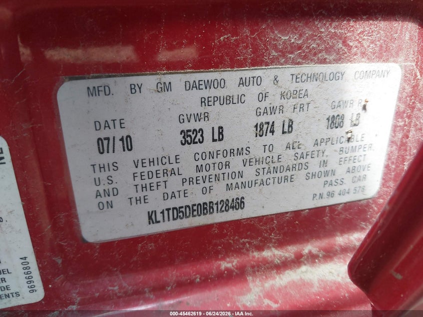 2011 Chevrolet Aveo VIN KL1TD5DE0BB128466 IAAI salvage auction — NORMAL WEAR, Original (Ohio), sold $325 on 2026-07-23 (photo 9)