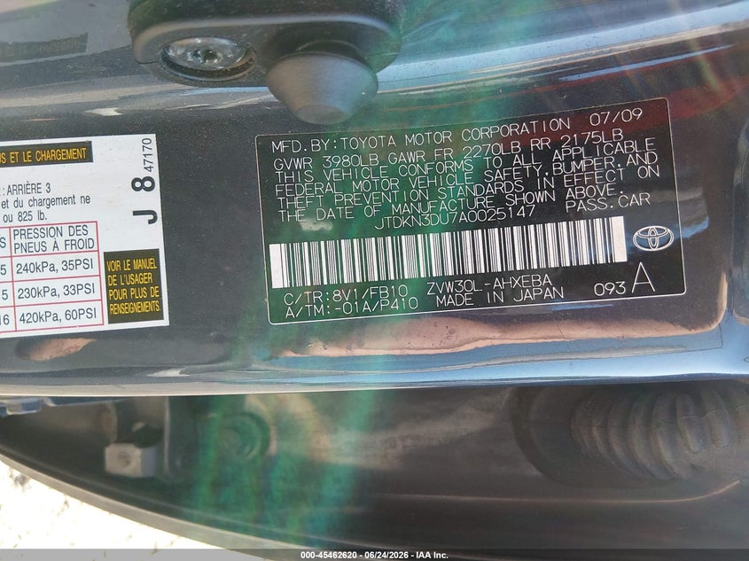 2010 Toyota Prius VIN JTDKN3DU7A0025147 IAAI salvage auction — NORMAL WEAR, Clear (New Jersey), sold $750 on 2026-07-21 (photo 9)