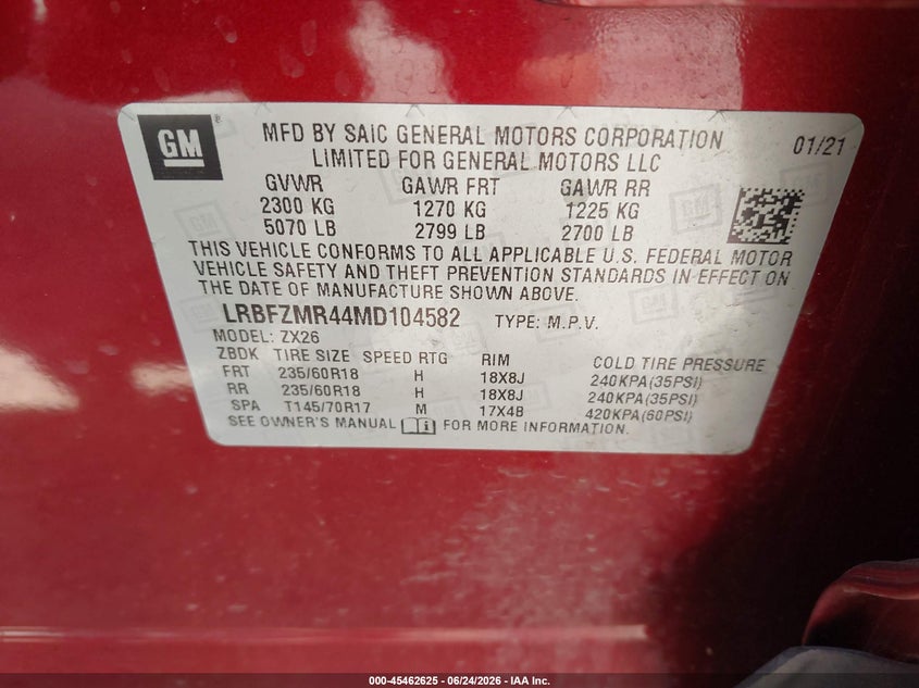 2021 Buick Envision VIN LRBFZMR44MD104582 IAAI salvage auction — HAIL, Salvage (Ohio), sold $6,775 on 2026-07-20 (photo 9)