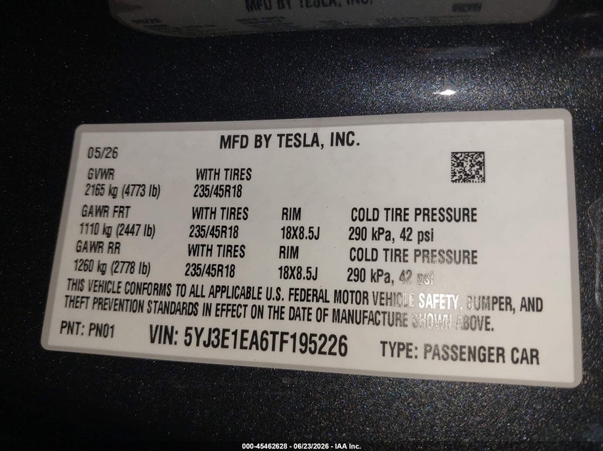 2026 Tesla Model 3 VIN 5YJ3E1EA6TF195226 IAAI salvage auction — REAR END, Salvage Title, sold $9,900 on 2026-08-02 (photo 9)
