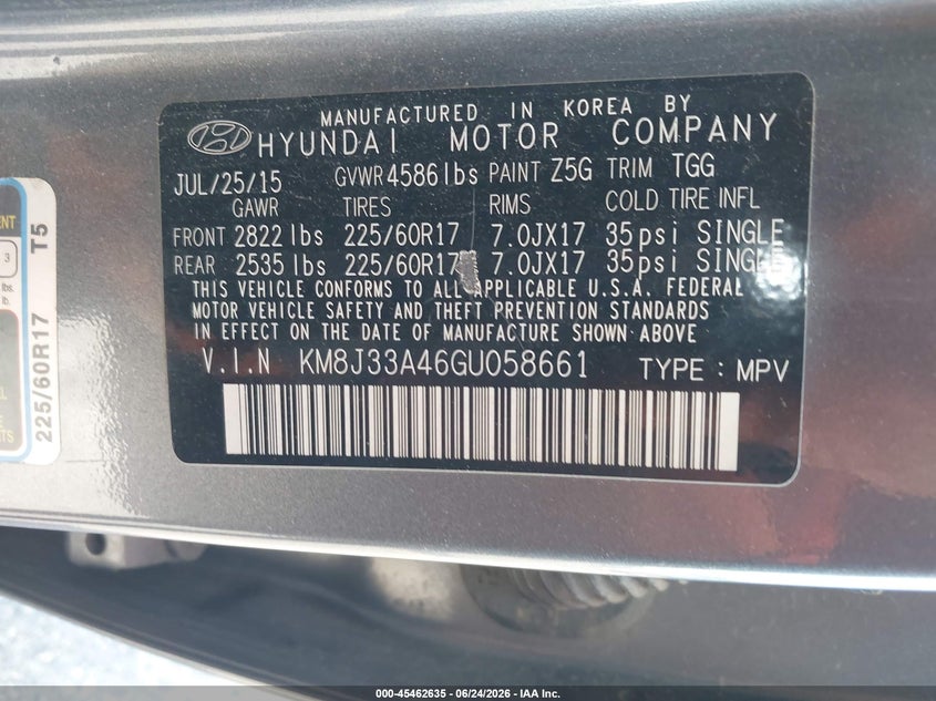 2016 Hyundai Tucson VIN KM8J33A46GU058661 IAAI salvage auction — NORMAL WEAR, Clear - Dealer Only (California), sold $1,200 on 2026-07-21 (photo 9)