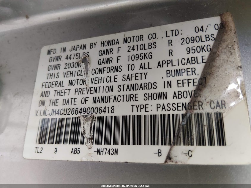 2009 Acura Tsx VIN JH4CU26649C006418 IAAI salvage auction — REAR END, Bill Of Sale (Washington), sold $575 on 2026-07-29 (photo 9)
