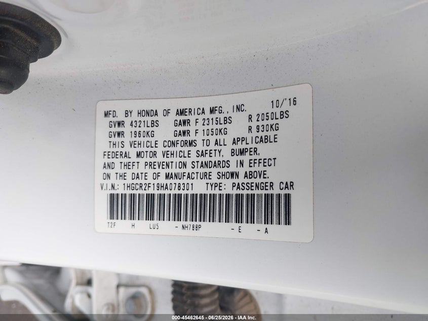 2017 Honda Accord VIN 1HGCR2F19HA078301 IAAI salvage auction — FRONT END, Salvage Title, sold $4,450 on 2026-07-12 (photo 9)
