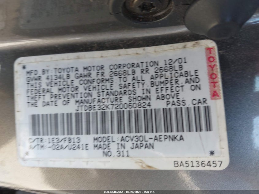 2002 Toyota Camry VIN JTDBE32K720060824 IAAI salvage auction — NORMAL WEAR, Clear (Washington), sold $400 on 2026-07-22 (photo 9)