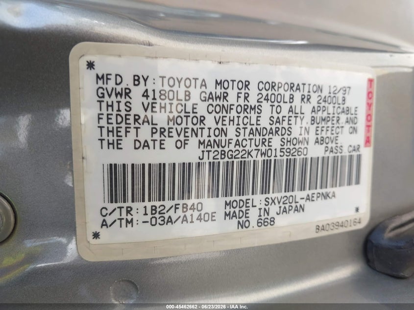 1998 Toyota Camry VIN JT2BG22K7W0159260 IAAI salvage auction — FRONT END, Salvage (California), sold $125 on 2026-07-28 (photo 9)
