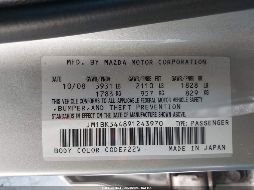 2009 Mazda 3 VIN JM1BK344891243970 IAAI salvage auction — RIGHT REAR, Salvage (California), sold $550 on 2026-07-08 (photo 9)