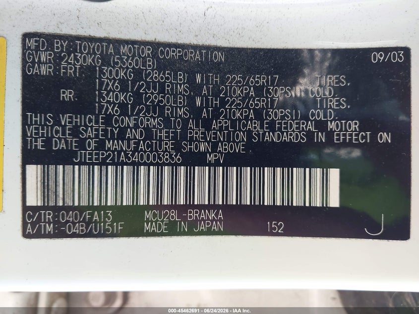 2004 Toyota Highlander VIN JTEEP21A340003836 IAAI salvage auction — FRONT END, Bill Of Sale (Washington), sold $725 on 2026-07-29 (photo 9)