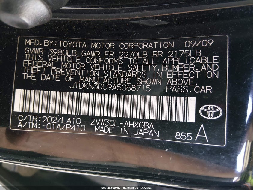 2010 Toyota Prius VIN JTDKN3DU9A5068715 IAAI salvage auction — VANDALISM, Bill Of Sale (Washington), sold $275 on 2026-07-29 (photo 9)