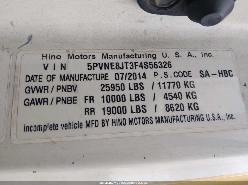 2015 Hino 258/268 VIN 5PVNE8JT3F4S56326 IAAI salvage auction — SIDE, Salvage (Texas), sold $3,250 on 2026-07-22 (photo 8)