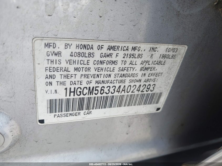 2004 Honda Accord VIN 1HGCM56334A024293 IAAI salvage auction — REAR END, Salvage (California), sold $500 on 2026-08-21 (photo 9)