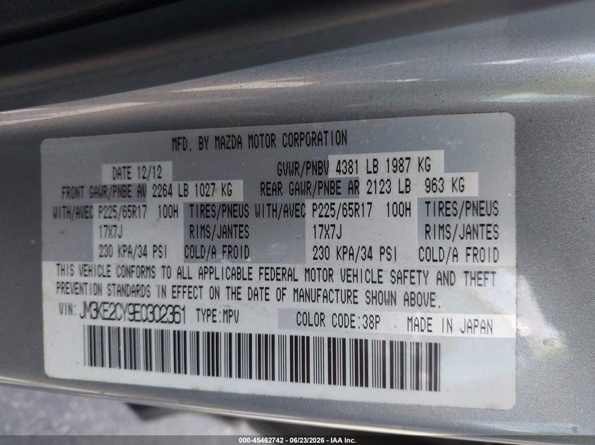 2014 Mazda Cx-5 VIN JM3KE2CY9E0302361 IAAI salvage auction — NORMAL WEAR, Clear (Georgia), sold $1,900 on 2026-07-15 (photo 9)