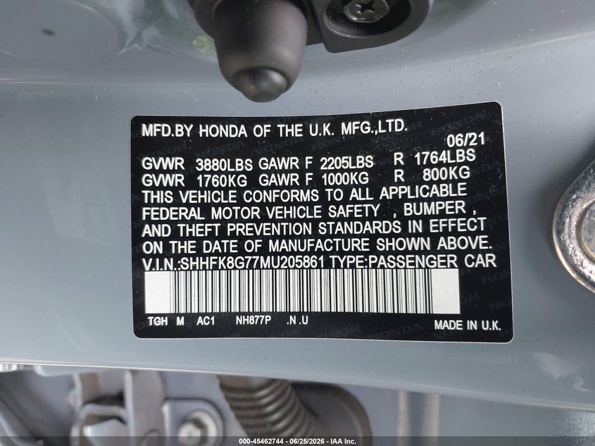 2021 Honda Civic type r VIN SHHFK8G77MU205861 IAAI salvage auction — UNDERCARRIAGE, Salvage Title, sold $13,600 on 2026-07-22 (photo 9)