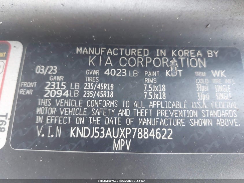 2023 Kia Soul VIN KNDJ53AUXP7884622 IAAI salvage auction — BURN, Salvage (California), sold $100 on 2026-07-29 (photo 9)