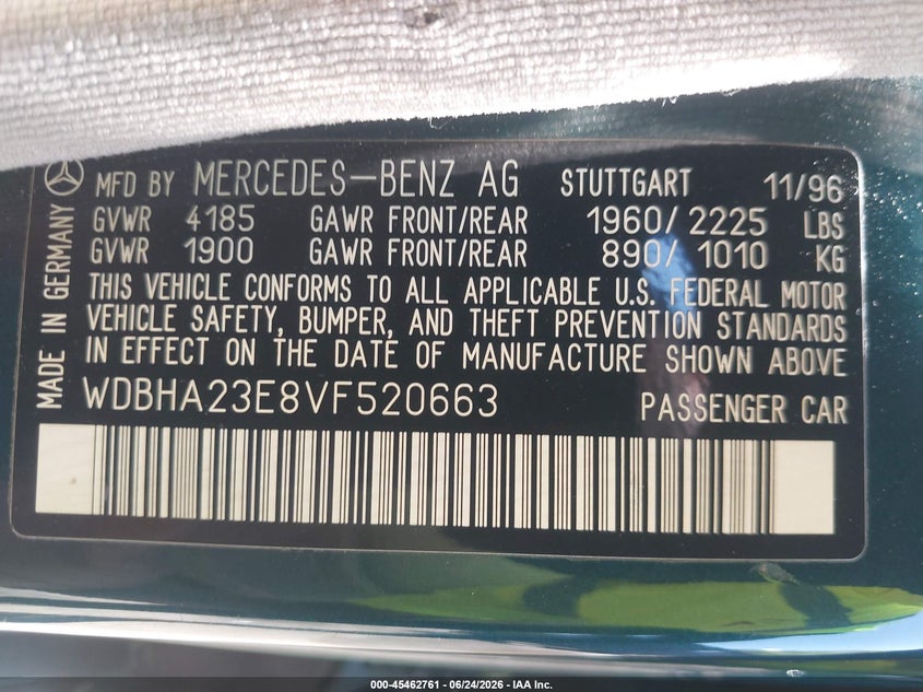 1997 Mercedes-benz C-klasse VIN WDBHA23E8VF520663 IAAI salvage auction — FRONT END, Salvage - Greater Than 75% (Maryland), sold $275 on 2026-07-31 (photo 9)