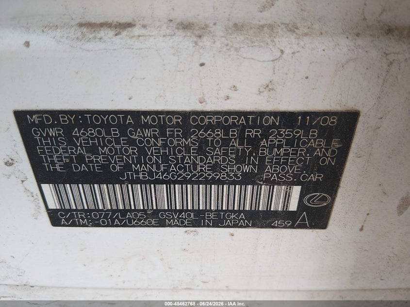 2009 Lexus Es 350 VIN JTHBJ46G292299833 IAAI salvage auction — NORMAL WEAR, Clear - Public Restricted (Oklahoma), sold $600 on 2026-07-08 (photo 9)