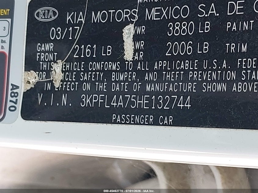 2017 Kia Forte VIN 3KPFL4A75HE132744 IAAI salvage auction — SIDE, Salvage (Texas), sold $1,450 on 2026-07-11 (photo 9)