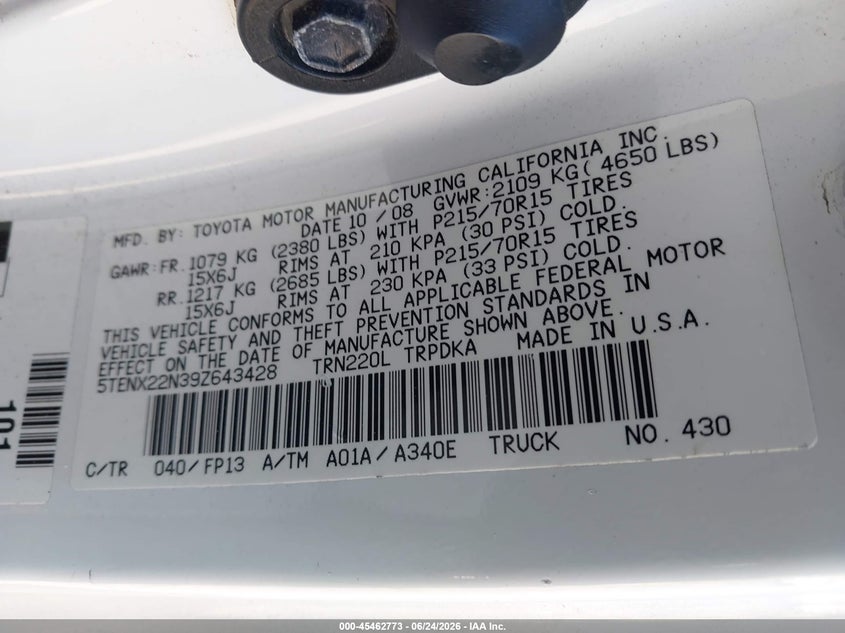 2009 Toyota Tacoma VIN 5TENX22N39Z643428 IAAI salvage auction — LEFT FRONT, Salvage (California), sold $3,850 on 2026-07-20 (photo 9)