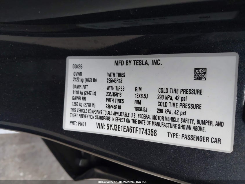 2026 Tesla Model 3 VIN 5YJ3E1EA6TF174358 IAAI salvage auction — LEFT FRONT, Salvage Certificate (California), sold $12,850 on 2026-07-31 (photo 9)
