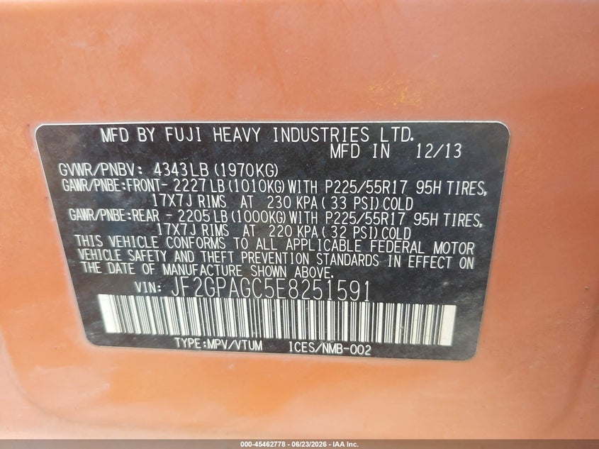 2014 Subaru Xv VIN JF2GPAGC5E8251591 IAAI salvage auction — NORMAL WEAR, Clear (Washington), sold $875 on 2026-07-28 (photo 9)