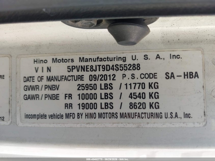 2013 Hino 258/268 VIN 5PVNE8JT9D4S55288 IAAI salvage auction — FRONT END, Clear (Virginia), sold $1,250 on 2026-07-29 (photo 8)