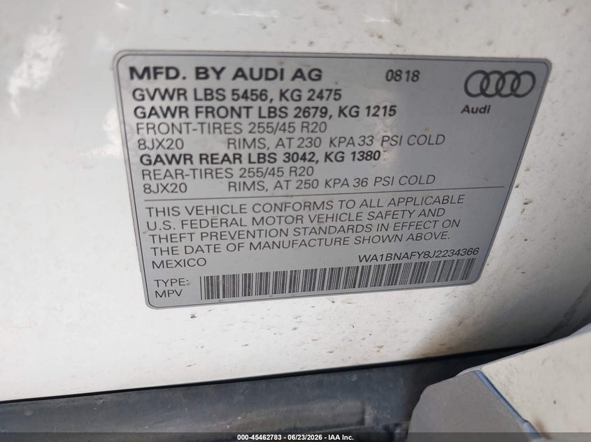 2018 Audi Q5 VIN WA1BNAFY8J2234366 IAAI salvage auction — NORMAL WEAR, Clear (Indiana), sold $4,300 on 2026-07-29 (photo 9)