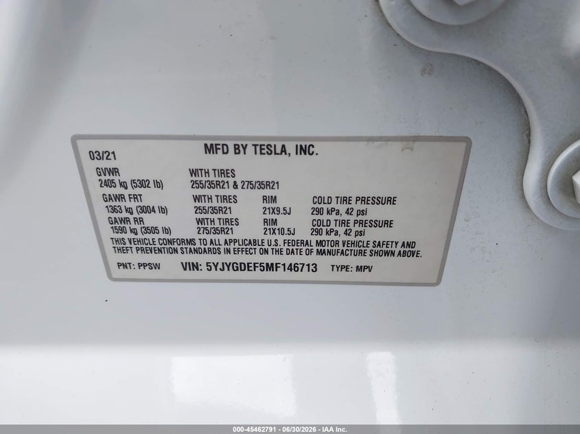 2021 Tesla Model y VIN 5YJYGDEF5MF146713 IAAI salvage auction — FRONT END, Wait Title, sold $8,200 on 2026-10-04 (photo 9)