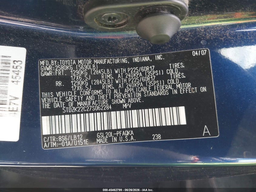 2007 Toyota Sienna VIN 5TDZK22C27S062284 IAAI salvage auction — NORMAL WEAR, Clear (Washington), sold $450 on 2026-07-08 (photo 9)
