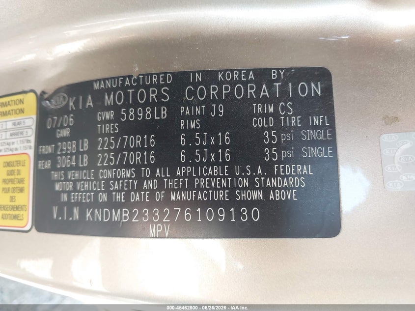 2007 Kia SEDONA VIN KNDMB233276109130 IAAI salvage auction — RIGHT SIDE, Salvage (California), sold $25 on 2026-07-21 (photo 9)