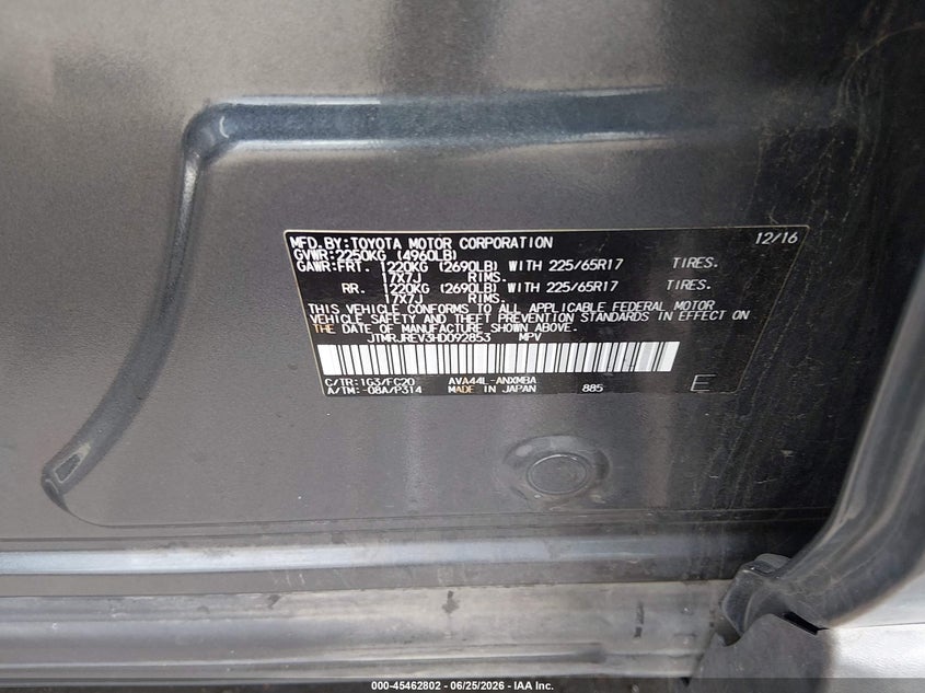2017 Toyota Rav 4 VIN JTMRJREV3HD092853 IAAI salvage auction — REAR END, Salvage Title, sold $5,800 on 2026-07-24 (photo 9)