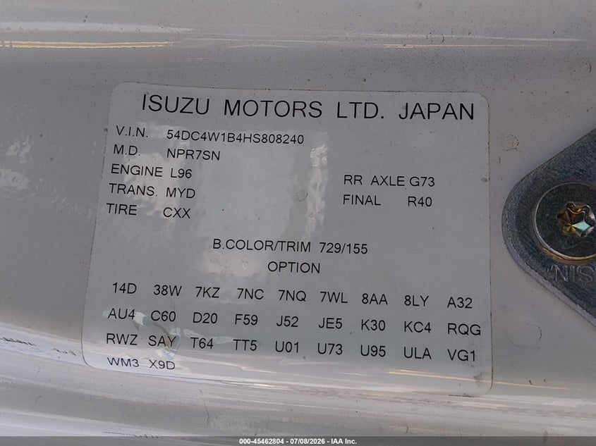 2017 Isuzu Npr hd VIN 54DC4W1B4HS808240 IAAI salvage auction — NORMAL WEAR, Clear (Tennessee), sold $17,500 on 2026-08-26 (photo 8)