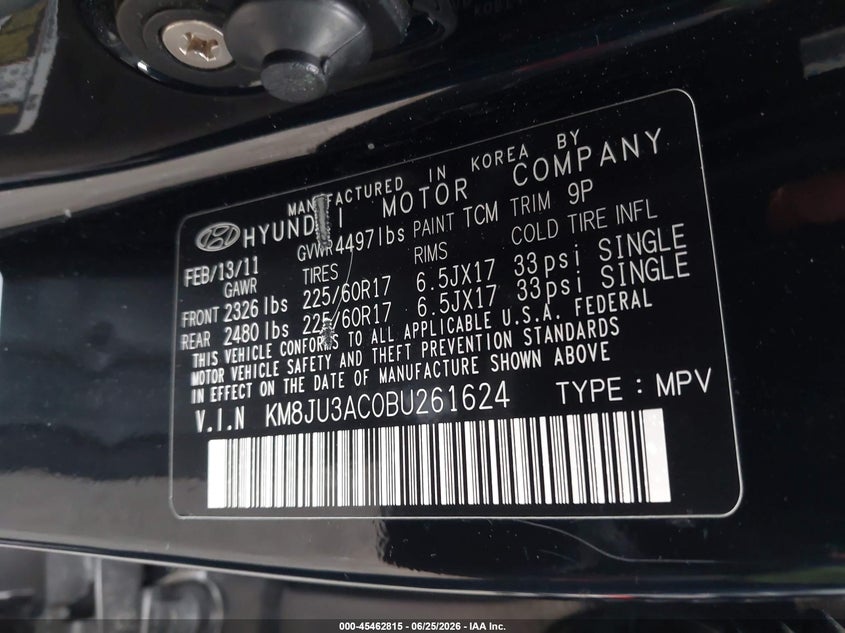 2011 Hyundai Tucson VIN KM8JU3AC0BU261624 IAAI salvage auction — REAR END, Salvage Certificate (California), sold $1,775 on 2026-07-10 (photo 9)