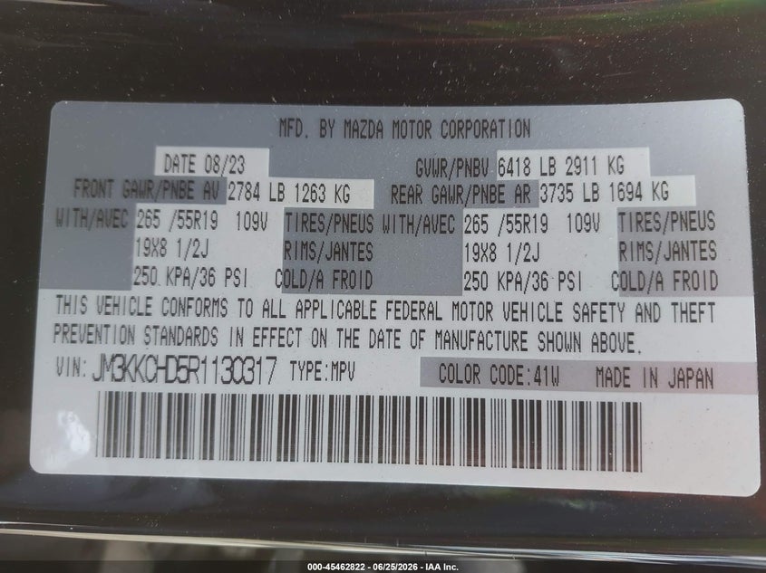 2024 Mazda Cx-90 VIN JM3KKCHD5R1130317 IAAI salvage auction — RIGHT FRONT, Salvage Title, sold $10,000 on 2026-08-29 (photo 9)