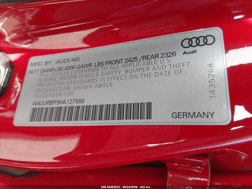 2017 Audi A3 VIN WAUUPBFF9HA127966 IAAI salvage auction — ROOF, Salvage Title, sold $1,050 on 2026-07-23 (photo 9)