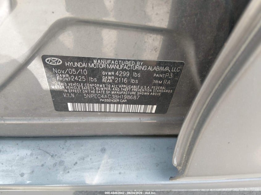2011 Hyundai Sonata VIN 5NPEC4AC3BH198687 IAAI salvage auction — NORMAL WEAR, Original (Texas), sold $625 on 2026-07-13 (photo 9)