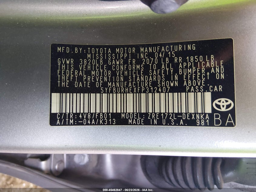 2015 Toyota Corolla VIN 5YFBURHEXFP312407 IAAI salvage auction — LEFT SIDE, Salvage (Arizona), sold $4,050 on 2026-07-14 (photo 9)