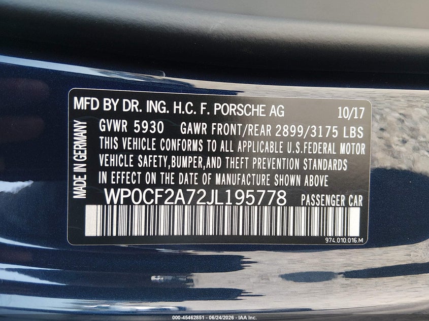 2018 Porsche Panamera VIN WP0CF2A72JL195778 IAAI salvage auction — REAR END, Bill Of Sale (Washington), sold $36,000 on 2026-08-05 (photo 9)