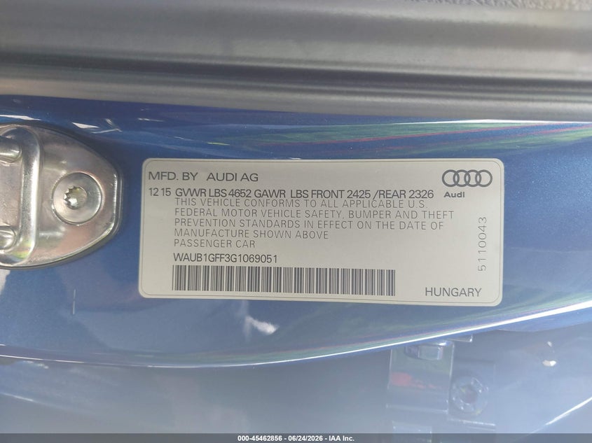 2016 Audi S3 VIN WAUB1GFF3G1069051 IAAI salvage auction — FRONT END, Salvage Title, sold $4,925 on 2026-07-22 (photo 9)