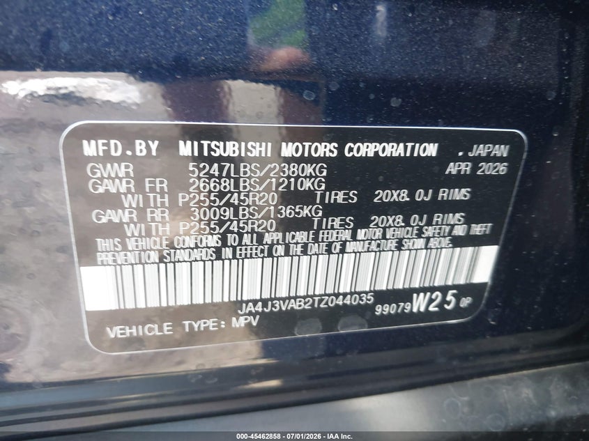 2026 Mitsubishi Outlander VIN JA4J3VAB2TZ044035 IAAI salvage auction — FRONT END, Enterprise Vehicles Clear Only (Washington), sold $7,000 on 2026-07-08 (photo 9)