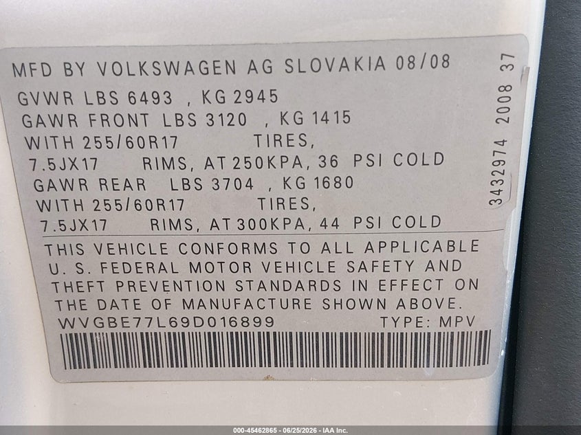 2009 Volkswagen Touareg VIN WVGBE77L69D016899 IAAI salvage auction — NORMAL WEAR, Clear (Texas), sold $500 on 2026-07-07 (photo 9)