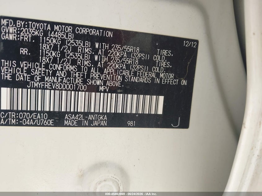 2013 Toyota Rav 4 VIN JTMYFREV8DD001700 IAAI salvage auction — NORMAL WEAR, Original (Ohio), sold $4,750 on 2026-07-07 (photo 9)